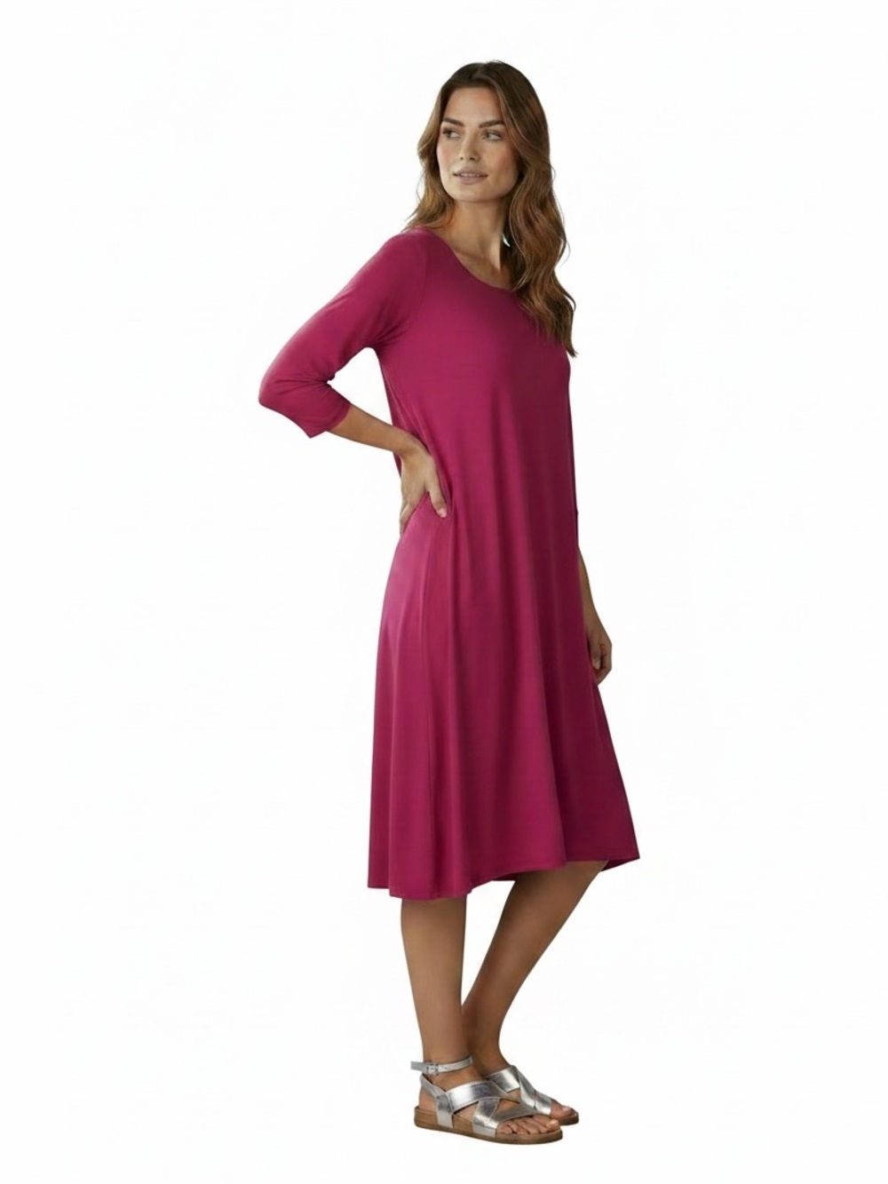 Eileen Fisher Women’s Jersey 3/4 Sleeve Magenta Dress, size medium